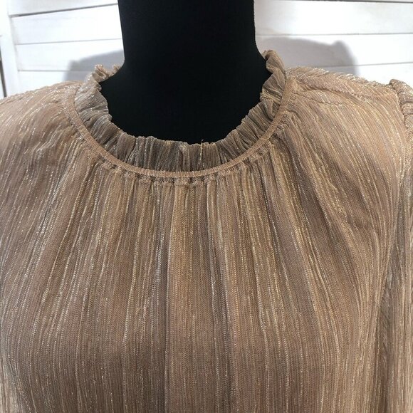 Joie Shimmer Blouse Smocked Waist Long Sleeve Chiffon Silver Gold Metallic Sz L - Picture 5 of 12